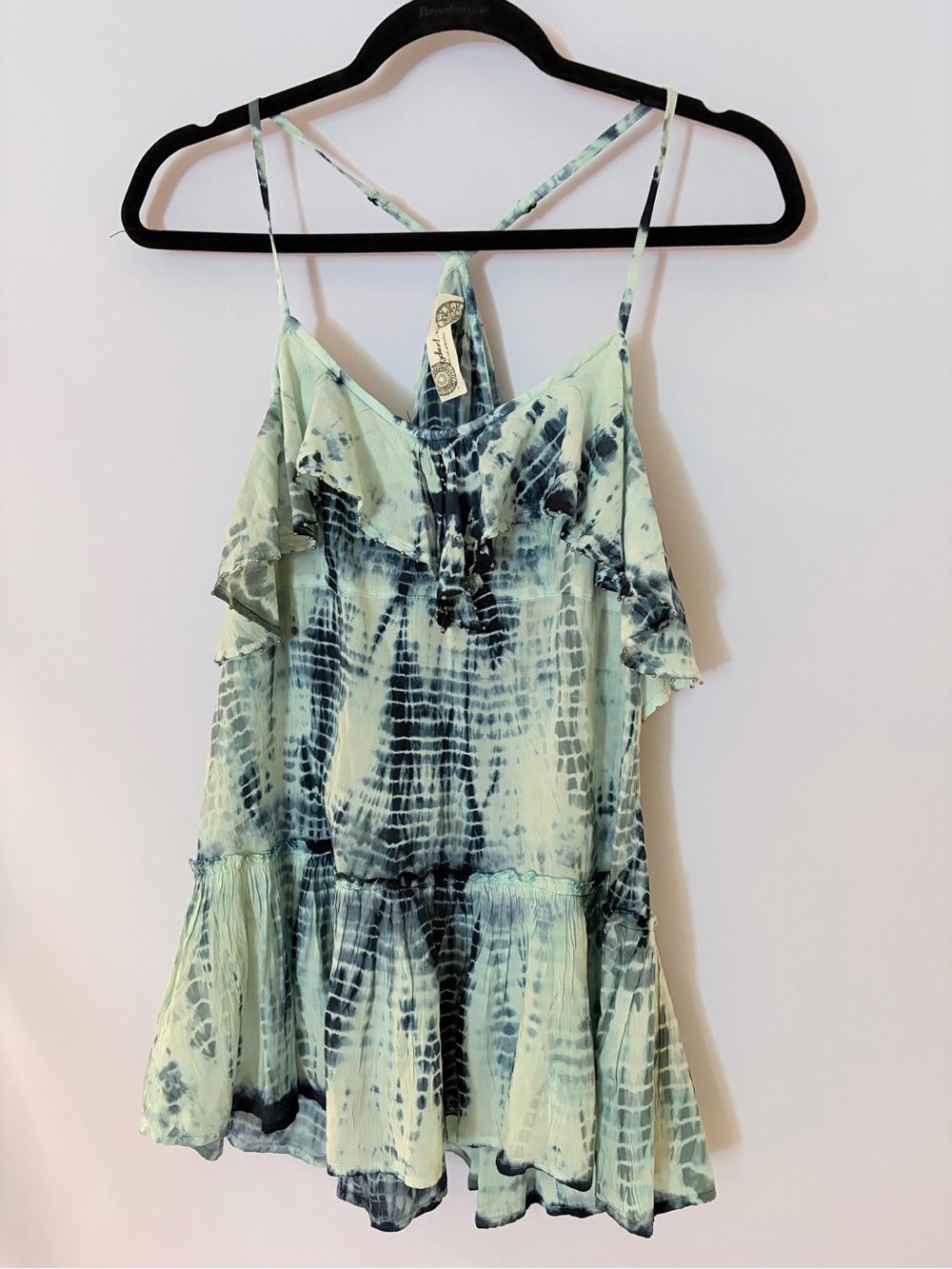 Free People Mint and Navy Tie-Dye Ruffle Cami -Sz XS